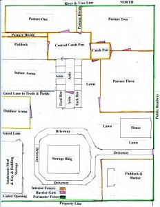 Sketch of a horse facility showing perimeter and interior fences, catch pens, and barrier gates.